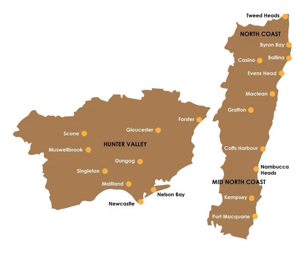 A brown map illustrating three regions of New South Wales, Australia—Hunter Valley, North Coast, and Mid North Coast