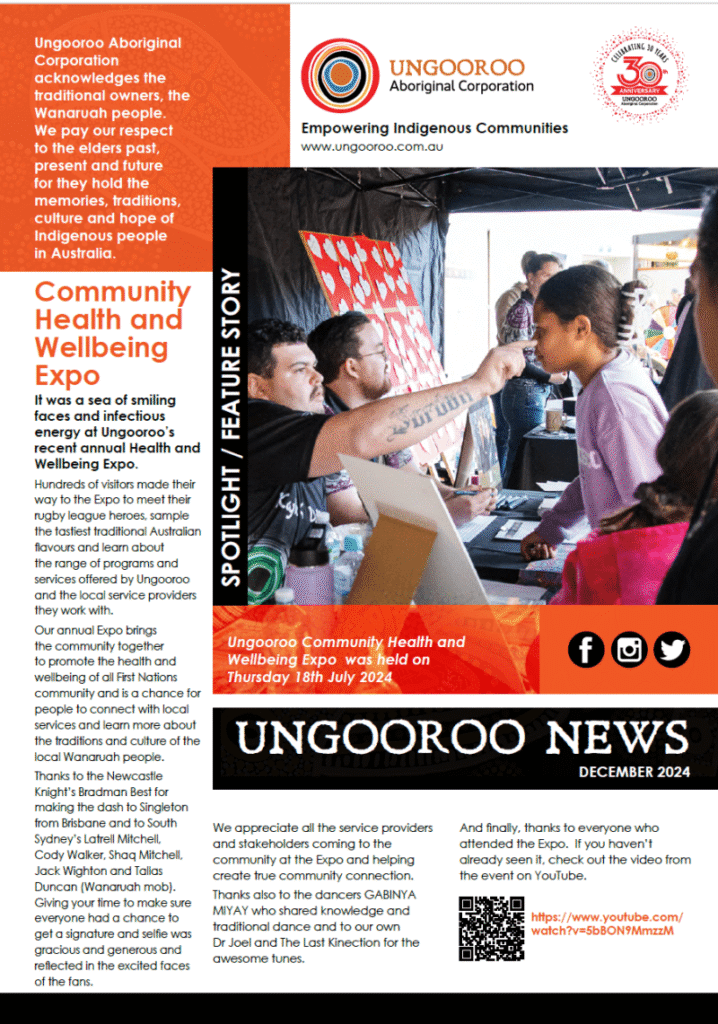 A page from the Ungooroo News December 2024 newsletter featuring a "Community Health and Wellbeing Expo" spotlight.