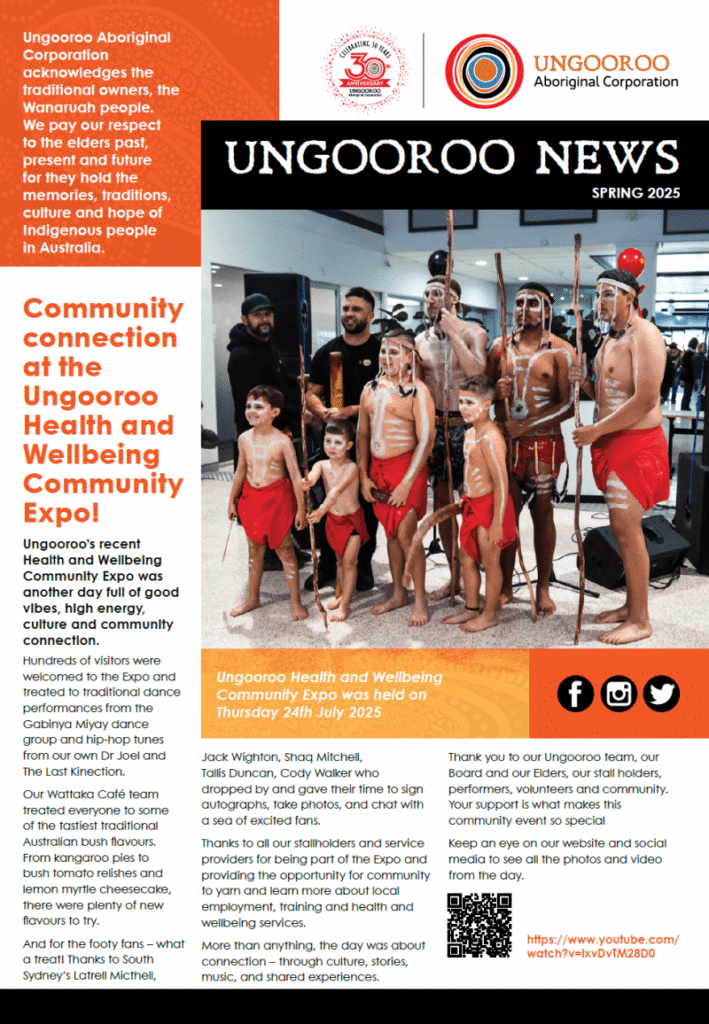A page from the Ungooroo News Spring 2025 newsletter featuring a "Community connection at the Ungooroo Health and Wellbeing Community Expo!" article.